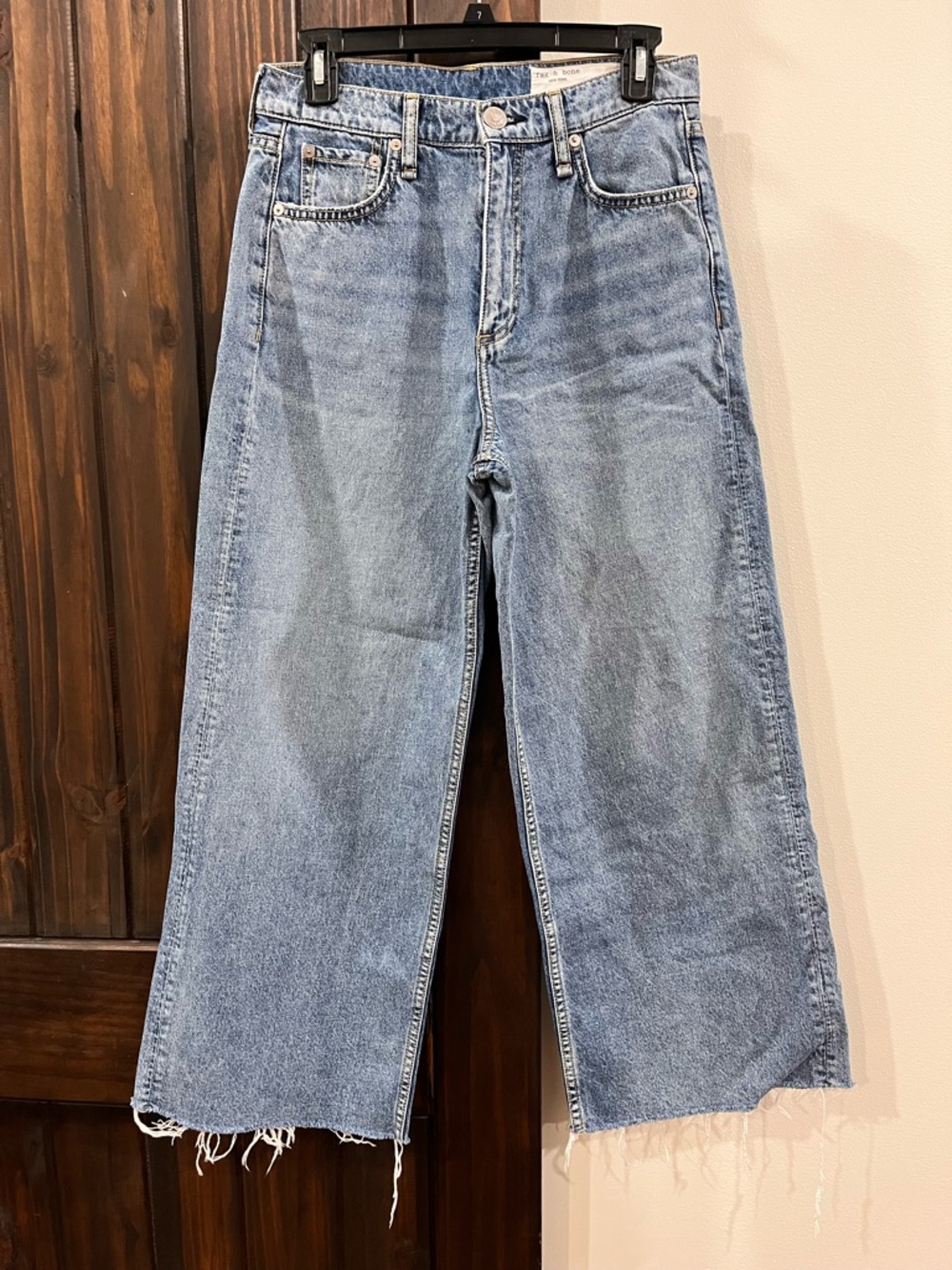 Rag & Bone New York High Rise Ankle Wide Leg Crop Jeans Size 27 Raw Hem Denim
